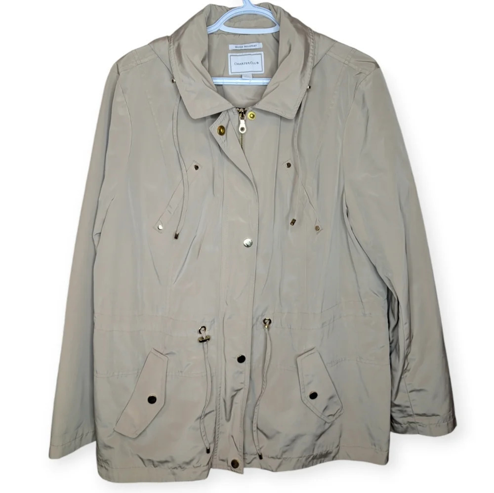 CharterClub Zip Up Water Resistant  Beige Tan Rain Utility Jacket Woman Large